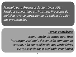 Princípio para Processos Sustentáveis #01:
Resíduos convertidos em insumos: Processos de
logística reversa participando da cadeia de valor
das organizações


                                  Forças contrárias:
                   Manutenção do status-quo, foco
     intraorganizacional , desconexão com mundo
       exterior, não contabilização dos verdadeiros
          custos associados à atividade econômica
                        16
 