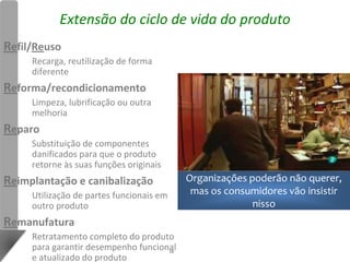 Extensão do ciclo de vida do produto
Refil/Reuso
     Recarga, reutilização de forma
     diferente
Reforma/recondicionamento
     Limpeza, lubrificação ou outra
     melhoria
Reparo
     Substituição de componentes
     danificados para que o produto
     retorne às suas funções originais
Reimplantação e canibalização             Organizações poderão não querer,
     Utilização de partes funcionais em    mas os consumidores vão insistir
     outro produto                                      nisso
Remanufatura
     Retratamento completo do produto
     para garantir desempenho funcional
                                     18
     e atualizado do produto
 