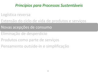Princípios para Processos Sustentáveis

Logística reversa
Extensão do ciclo de vida de produtos e serviços
Novas acepções de consumo
Eliminação de desperdício
Produtos como parte de serviços
Pensamento outside-in e simplificação




                          23
 