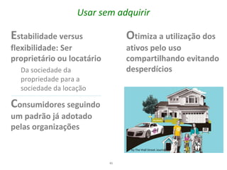 Usar sem adquirir

Estabilidade versus              Otimiza a utilização dos
flexibilidade: Ser               ativos pelo uso
proprietário ou locatário        compartilhando evitando
  Da sociedade da                desperdícios
  propriedade para a
  sociedade da locação

Consumidores seguindo
um padrão já adotado
pelas organizações

                                  by The Wall Street Journal



                            41
 