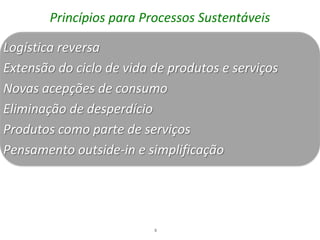 Princípios para Processos Sustentáveis

Logística reversa
Extensão do ciclo de vida de produtos e serviços
Novas acepções de consumo
Eliminação de desperdício
Produtos como parte de serviços
Pensamento outside-in e simplificação




                          8
 