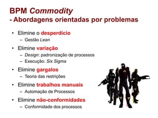 BPM Commodity
- Abordagens orientadas por problemas
• Elimine o desperdício
   – Gestão Lean
• Elimine variação
   – Design: padronização de processos
   – Execução: Six Sigma
• Elimine gargalos
   – Teoria das restrições
• Elimine trabalhos manuais
   – Automação de Processos
• Elimine não-conformidades
   – Conformidade dos processos
 