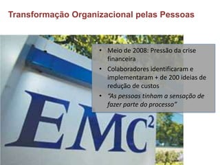 Transformação Organizacional pelas Pessoas



                    • Meio de 2008: Pressão da crise
                      financeira
                    • Colaboradores identificaram e
                      implementaram + de 200 ideias de
                      redução de custos
                    • “As pessoas tinham a sensação de
                      fazer parte do processo”




 7
 