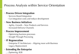 Process Analysis within Service Orientation Process Driven Integration Services Based Integration Cut integration costs and reduce development  New Business Initiatives Agility, Growth – New Products and Services Increased Delivery Channels Process Improvement Optimising business processes Straight Through Processing IT Regeneration Enterprise IT Architecture – Aligning more with Business Legacy Replacement Extending the Enterprise Partnering, B2B 