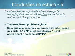 30/01/2015
Jorge Coelho
BPM & Reengenharia de Processos
Conclusões do estudo - 5
For all the interest organizations have displayed in
managing their process efforts, few have achieved a
mature level of sophistication.
• Trata-se de um problema global.
• Será que não podemos aprender e inverter desde
já o ciclo: 1º BPM nível estratégico / nível
operacional e só depois BPMS?
 