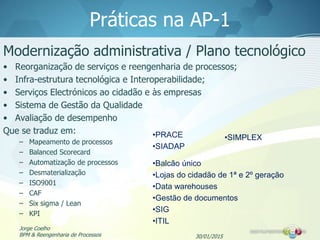 Práticas na AP-1
Modernização administrativa / Plano tecnológico
• Reorganização de serviços e reengenharia de processos;
• Infra-estrutura tecnológica e Interoperabilidade;
• Serviços Electrónicos ao cidadão e às empresas
• Sistema de Gestão da Qualidade
• Avaliação de desempenho
Que se traduz em:
– Mapeamento de processos
– Balanced Scorecard
– Automatização de processos
– Desmaterialização
– ISO9001
– CAF
– Six sigma / Lean
– KPI
30/01/2015
•Balcão único
•Lojas do cidadão de 1ª e 2º geração
•Data warehouses
•Gestão de documentos
•SIG
•ITIL
•PRACE
•SIADAP
•SIMPLEX
Jorge Coelho
BPM & Reengenharia de Processos
 