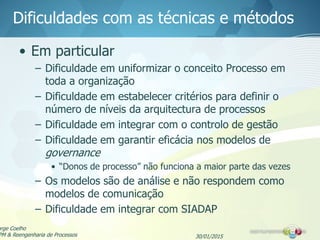 Dificuldades com as técnicas e métodos
• Em particular
– Dificuldade em uniformizar o conceito Processo em
toda a organização
– Dificuldade em estabelecer critérios para definir o
número de níveis da arquitectura de processos
– Dificuldade em integrar com o controlo de gestão
– Dificuldade em garantir eficácia nos modelos de
governance
• “Donos de processo” não funciona a maior parte das vezes
– Os modelos são de análise e não respondem como
modelos de comunicação
– Dificuldade em integrar com SIADAP
30/01/2015
orge Coelho
PM & Reengenharia de Processos
 