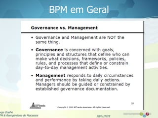 BPM em Geral
30/01/2015
orge Coelho
PM & Reengenharia de Processos
 