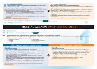 4.15 – 5.45: Leaders Discussion session 4                                                                            4.15 – 5.45: Leaders Discussion session 4
  BPM, a cohesive approach to Business Process Improvement: How does BPM fit with other Business                       Enabling Operational intelligence for the responsive and agile enterprise
  Process Improvement frameworks?                                                                                      > How well do you know your business? Linking business and real time operational intelligence into BPM platforms for
  In many organisations process improvement and BPM programs stand alone or are even conflicting in approach. As we       greater awareness and responsiveness
  search for a more comprehensive and sustainable approach to complete business excellence, how can the competing      > Are BI, OI and BAM stand alone disciplines or should they be integrated as part of the BPM process? How is best to
  process methodologies be best brought together for optimise results?                                                    manage this from an IT ownership and governance point of view?
                                                                                                                    OR
  > Integrating BPM with complimentary Process Improvement programmes across the business to a cohesive                > What new platforms are now available that allow BI and BAM to feed into and create real time dash boards for use
      approach to business change: How does this fit together in other organisations?                                     in Business process improvement and key decision making? How can these be used to best effect to optimise
  > Lean and BPM: How can the Lean tools be used to complement understanding of critical value streams and                business value?
      efficiency during BPM deployment
                                                                                                                       > Linking business and operational intelligence information to complex event processing to solve operational
  > Using BPM to enable and build on end-to-end value stream mapping: Moving from individual improvements to
                                                                                                                          anomalies quickly
      value streams
  Sebastian Risse, VP Head of BPM Capability, Credit Suisse
                         ,                                                                                             Session open for sponsorship: For more information and updates email enquire@iqpc.co.uk

 5.45:     Chairman’s Summary and feedback from themed track sessions key learning points                                  www.forrester.com
 6.00:     Close of day and Networking Drinks



                                                 MEETING AGENDA: DAy 2 – 21ST oCToBER
8.00:     Coffee and Networking
8.15:     Chairman’s recap on key learning points from meeting day 1                             www.forrester.com

8.30:     Technology application panel: Assessing and debating the real business value attributed to new and emerging BPM technologies
          With so many new application and platforms emerging in the BPM market, how as a leader can you accurately assess business value and investment? Join this lively and business led IT debate to evaluate which of the latest
          platforms and technologies are really worth investing in for 2012.
          > Cloud based BPM platforms                                     > Opensource BPM
          > Social BPM                                                    > Process simulation technologies
          > Social BPM                                                    > Case Management


                   THEME 3: Engaging the business and embedding the change                                                                             THEME 4: The Customer & Business Impact
   9.30 – 11.00:                                                                                                                9.30 – 11.00:
   Leaders Discussion session 5                                                                                                 Leaders Discussion session 5
   Engaging the business in BPM: Creating a culture day-to-day process efficiency                                               Putting the customer at the centre: An integrated model for Outside-In Process Management
   In this discussion group, leaders will look at strategies for engaging the business to own and be accountable                > How do you design the customer experience? How can BPM strategies be evolved to help deliver this?
   for day-to-day process management. Topics for discussion include:                                                            > Strategies and challenges with moving from a internally driven to customer driven process model:
   > How to create a bottom up approach for BPM: Leveraging insights and feedback on processes within the
                                                                                                                                   New strategies for creating a customer driven process architecture
        business and encouraging them to drive process change
                                                                                                                                > Integrating the concept of Successful Customer Outcomes (SCO) into your pre-existing BPM
   > Creating a sustainable process culture: Changing people’s behaviours and mindset to be process                   OR
        centric. What are the strategies to do this?                                                                               frameworks
   > What role does process documentation and modelling technologies have in terms of creating individual                       > Integrating your current approaches and technology into the ‘outside-in’ approach
        accountability for process management? What can you do ton help increase day-to-day usage of BPM                        Steve Towers, Founder, BP Group & ‘Outside-In’ BPM approach
        tools and information?
   > What impacts can emerging disciplines such as social BPM have on the ability to embed engagement
        in BPM?
   Senem Kilic, Business Process Development & Customer Services Manager, Schenker Arkas
   Nakliyat ve Ticaret AS
 