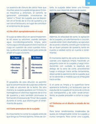 La ausencia de cloruro de calcio hace que
muchas veces la cuajada tenga poca firme-
za mecánica y, entonces, al cortarla, se
generarán cantidades innecesarias de
polvo o finos de cuajada, que se deposi-
tan en el fondo de la tina de quesería y se
van con el lactosuero, en lugar de contribuir
al rendimiento de queso.
4.5 No diluir apropiadamente el cuajo
El cuajo se debe diluir en aproximadamen-
te 40 veces su volumen, usando siempre
agua microbiológicamente limpia, pero
nunca agua clorada pues el cloro inactivo al
cuajo en cuestión de unos cuantos minu-
tos. La dilución se debe hacer justo antes de
añadir el cuajo a la leche.
El propósito de esta dilución es permitir
que la concentración de cuajo sea uniforme
en todo el volumen de la leche. De otra
manera, la cuajada quedará con firmeza no
homogénea en distintas regiones de la tina
de quesería y esto también promueve la
formación innecesaria de finos de cuajada
durante el corte, que disminuyen el rendi-
miento de queso.
4.6 Corte prematuro de la cuajada
Es importante no cortar la cuajada antes de
que tenga su firmeza óptima. Antes de cor-
tarla, la cuajada debe tener una firmeza
óptima, que depende del tipo de queso.
Además, la velocidad de corte, la agitación
de la cuajada y el calentamiento o cocción,
cuando están bien diseñados y se ejecutan
de acuerdo a diseño, constituyen la esencia
de un buen proceso de quesería, tanto en
cuanto a calidad como en cuanto a rendi-
miento.
El momento óptimo de corte se determina
usando una espátula limpia, haciendo un
pequeño corte en la cuajada y luego intro-
duciendo con cuidado la espátula por
debajo de la zona de corte, procediendo
luego a empujar hacia arriba lentamente,
observando la apariencia de la cuajada, que
se irá abriendo a medida que es empujada
hacia arriba.
Si el corte es limpio y la superficie tiene
apariencia brillante y el lactosuero que se
expulsa de la cuajada en la zona de corte es
casi transparente y de color verde-amari-
llento, se puede proceder a cortar la cuaja-
da.
4.7 Defectos en el diseño o estado de las
liras
Para tener rendimientos moderados de
queso, es indispensable cortar la cuajada, y
nunca romperla. Para cortar una cuajada,

 