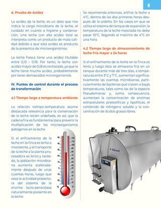 d. Prueba de Acidez
La acidez de la leche, es un dato que nos
indica la carga microbiana de la leche, el
cuidado en cuanto a higiene y conserva-
ción. Una leche con alta acidez total se
interpreta como un producto de mala cali-
dad debido a que esta acidez es producto
de la presencia de microorganismos.
La leche fresca tiene una acidez titulable
entre 0,13 – 0,18. Por tanto, la leche con
acidez mayor de 0,18 es rechazada, ya que la
leche tiene mucha acidez, probablemente
por tener demasiados microrganismos.
IV. Puntos de control durante el proceso
de transformación
4.1 Tiempo largo a temperatura ambiente
La relación tiempo-temperatura asume
destacada relevancia para la conservación
de la leche recién ordeñada, es así, que la
cadena fría es fundamental para prevenir la
multiplicación de los microorganismos
patógenos en la leche.
Si el enfriamiento de la
leche en la finca es lento o
inexistente, y el transporte
de la leche a la planta pro-
cesadora es lento y tarda-
do, la población microbia-
na aumenta acelerada-
mente después de unas
cuantas horas, luego que
cesa la actividad protecto-
ra del sistema de la
enzima lacto-peroxidasa
naturalmente presente en
la leche.
Se recomienda entonces, enfriar la leche a
4ºC, dentro de las dos primeras horas des-
pués de la ordeña. En los casos en que se
utiliza el sistema de tanque de expansión, la
temperatura de la leche mezclada no debe
pasar 10ºC, llegando al máximo de 4ºC en
una hora.
4.2 Tiempo largo de almacenamiento de
leche fría mayor a 24 horas
Si el enfriamiento de la leche en la finca es
lento y luego ésta se almacena fría en un
tanque durante más de tres días, a tempe-
raturas entre 3°C y 7°C, aumentan significa-
tivamente las cuentas microbianas, parti-
cularmente de bacterias que crecen a bajas
temperaturas, tales como las de la especie
Pseudomonas y, como consecuencia,
aumentan la concentración de enzimas
extracelulares proteolíticas y lipolíticas, el
contenido de nitrógeno soluble y la con-
centración de ácidos grasos libres.

 