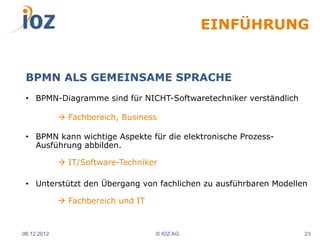 EINFÜHRUNG


 BPMN ALS GEMEINSAME SPRACHE
 • BPMN-Diagramme sind für NICHT-Softwaretechniker verständlich

              Fachbereich, Business

 • BPMN kann wichtige Aspekte für die elektronische Prozess-
   Ausführung abbilden.

              IT/Software-Techniker

 • Unterstützt den Übergang von fachlichen zu ausführbaren Modellen

              Fachbereich und IT



06.12.2012                          © IOZ AG                      23
 
