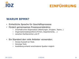 EINFÜHRUNG


 WARUM BPMN?
 • Einheitliche Sprache für Geschäftsprozesse
 • Fördert gemeinsames Prozessverständnis:
             •   Innerhalb einer Organisation (Abteilungen, Gruppen, Teams…)
             •   Organisationsübergreifend (Firmen, Departemente, …)
             •   zwischen Fachbereichen und IT


 • Ein Standard den viele Anbieter verwenden:
             •   Grosse Auswahl an Tools
             •   Günstige Tools
             •   Ausbildung anhand verschiedener Quellen möglich




06.12.2012                                   © IOZ AG                          24
 