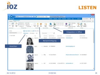 LISTEN




                                  Integration in Office




               Benachrichtigung


   Ansichten




06.12.2012           © IOZ AG                             36
 