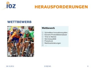 HERAUSFORDERUNGEN


 WETTBEWERB
                Wettbewerb
                □   Schnellere Innovationszyklen
                □   Kürzere Produktlebensdauer
                □   Time to Market
                □   Servicequalität
                □   Preisdruck
                □   Marktveränderungen
                □   …




06.12.2012          © IOZ AG                       8
 