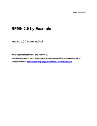 Date: June 2010




BPMN 2.0 by Example


Version 1.0 (non-normative)


____________________________________________________
OMG Document Number: dtc/2010-06-02
Standard document URL: http://www.omg.org/spec/BPMN/2.0/examples/PDF
Associated File: http://www.omg.org/spec/BPMN/2.0/examples/ZIP

____________________________________________________
 