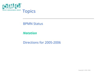 Copyright © 2005, OMG
Topics
BPMN Status
Notation
Directions for 2005-2006
 