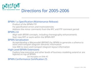 Copyright © 2005, OMG
Directions for 2005-2006
BPMN 1.x Specification (Maintenance Release)
Product of the BPMN FTF
Fix specification errors and inconsistencies
Address the minor comments from the RFC and FTF comment period
BPMN 2.0
Align with BPDM concepts, including choreography enhancements
Start new RFP or work within the BPMN RFP
BPMN Serialization
Accept/develop a Metamodel (BPDM?) for BPMN to generate a schema to
store and transport diagram semantic information
Use XMI to store and transport diagram layout information
High-Level BPMN Extensions
Explore how executive and other levels of business modeling extend or are
layered on top of BPMN
See Hourglass on Slide #5
BPMN Conformance Certification (?)
 