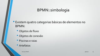 BPMN::simbologia
•Existem quatro categorias básicas de elementos no
BPMN:
• Objetos de fluxo
• Objetos de conexão
• Piscinas e raias
• Artefatos
9/5/2017(C) 2017, PJandl. 19
 