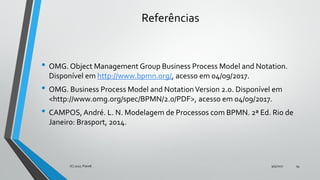 Referências
• OMG. Object Management Group Business Process Model and Notation.
Disponível em http://www.bpmn.org/, acesso em 04/09/2017.
• OMG. Business Process Model and NotationVersion 2.0. Disponível em
<http://www.omg.org/spec/BPMN/2.0/PDF>, acesso em 04/09/2017.
• CAMPOS, André. L. N. Modelagem de Processos com BPMN. 2ª Ed. Rio de
Janeiro: Brasport, 2014.
9/5/2017(C) 2017, PJandl. 54
 