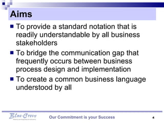 Aims  Our Commitment is your Success To provide a standard notation that is readily understandable by all business stakeholders To bridge the communication gap that frequently occurs between business process design and implementation  To create a common business language understood by all 