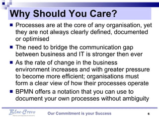 Why Should You Care?  Processes are at the core of any organisation, yet they are not always clearly defined, documented or optimised The need to bridge the communication gap between business and IT is stronger then ever As the rate of change in the business environment increases and with greater pressure to become more efficient; organisations must form a clear view of how their processes operate  BPMN offers a notation that you can use to document your own processes without ambiguity Our Commitment is your Success 