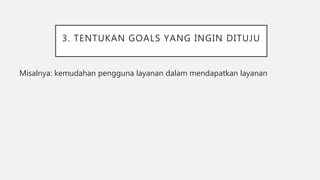 3. TENTUKAN GOALS YANG INGIN DITUJU
Misalnya: kemudahan pengguna layanan dalam mendapatkan layanan
 
