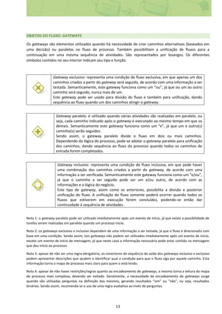13
OBJETOS DO FLUXO: GATEWAYS
Os gateways são elementos utilizados quando há necessidade de criar caminhos alternativos (baseados em
uma decisão) ou paralelos no fluxo de processo. Também possibilitam a unificação de fluxos para a
continuação em uma mesma sequência de atividades. São representados por losangos. Os diferentes
símbolos contidos no seu interior indicam seu tipo e função.
Gateway exclusivo: representa uma condição de fluxo exclusiva, em que apenas um dos
caminhos criados a partir do gateway será seguido, de acordo com uma informação a ser
testada. Semanticamente, este gateway funciona como um “ou”, já que ou um ou outro
caminho será seguido, nunca mais de um.
Este gateway pode ser usado para divisão do fluxo e também para unificação, dando
sequência ao fluxo quando um dos caminhos atingir o gateway.
Gateway paralelo: é utilizado quando várias atividades são realizadas em paralelo, ou
seja, cada caminho indicado após o gateway é executado ao mesmo tempo em que os
demais. Semanticamente este gateway funciona como um “e”, já que um e outro(s)
caminho(s) serão seguidos.
Sendo assim, o gateway paralelo divide o fluxo em dois ou mais caminhos.
Dependendo da lógica do processo, pode-se adotar o gateway paralelo para unificação
dos caminhos, dando sequência ao fluxo do processo quando todos os caminhos de
entrada forem completados.
Gateway inclusivo: representa uma condição de fluxo inclusiva, em que pode haver
uma combinação dos caminhos criados a partir do gateway, de acordo com uma
informação a ser verificada. Semanticamente este gateway funciona como um “e/ou”,
já que o caminho a ser seguido pode ser um e/ou outro, de acordo com as
informações e a lógica do negócio.
Este tipo de gateway, assim como os anteriores, possibilita a divisão e posterior
unificação do fluxo. A unificação do fluxo somente poderá ocorrer quando todos os
fluxos que estiverem em execução forem concluídos, podendo-se então dar
continuidade à sequência de atividades.
Nota 1: o gateway paralelo pode ser utilizado imediatamente após um evento de início, já que existe a possibilidade de
tarefas serem realizadas em paralelo quando um processo inicie.
Nota 2: os gateways exclusivo e inclusivo dependem de uma informação a ser testada, já que o fluxo é direcionado com
base em uma condição. Sendo assim, tais gateways não podem ser utilizados imediatamente após um evento de início,
exceto um evento de início de mensagem, já que neste caso a informação necessária pode estar contida na mensagem
que deu início ao processo.
Nota 3: apesar de não ser uma regra obrigatória, os conectores de sequência de saída dos gateways inclusivo e exclusivo
podem apresentar descrições que ajudem a identificar qual a condição para que o fluxo siga por aquele caminho. Esta
informação torna o mapa de processo mais claro para quem o está lendo.
Nota 4: apesar de não haver restrições/regras quanto ao encadeamento de gateways, o mesmo torna a leitura do mapa
de processo mais complexa, devendo ser evitado. Geralmente, a necessidade de encadeamento de gateways surge
quando são utilizadas perguntas na definição dos mesmos, gerando resultados “sim” ou “não”, ou seja, resultados
binários. Sendo assim, recomenda-se o uso de uma regra avaliativa ao invés de perguntas.
 