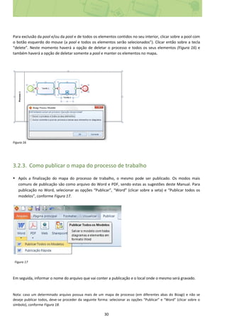 30
Para exclusão da pool e/ou da pool e de todos os elementos contidos no seu interior, clicar sobre a pool com
o botão esquerdo do mouse (a pool e todos os elementos serão selecionados”). Clicar então sobre a tecla
“delete”. Neste momento haverá a opção de deletar o processo e todos os seus elementos (Figura 16) e
também haverá a opção de deletar somente a pool e manter os elementos no mapa.
Figura 16
3.2.3. Como publicar o mapa do processo de trabalho
 Após a finalização do mapa do processo de trabalho, o mesmo pode ser publicado. Os modos mais
comuns de publicação são como arquivo do Word e PDF, sendo estas as sugestões deste Manual. Para
publicação no Word, selecionar as opções “Publicar”, “Word” (clicar sobre a seta) e “Publicar todos os
modelos”, conforme Figura 17.
Figura 17
Em seguida, informar o nome do arquivo que vai conter a publicação e o local onde o mesmo será gravado.
Nota: caso um determinado arquivo possua mais de um mapa de processo (em diferentes abas do Bizagi) e não se
deseje publicar todos, deve-se proceder da seguinte forma: selecionar as opções “Publicar” e “Word” (clicar sobre o
símbolo), conforme Figura 18.
 