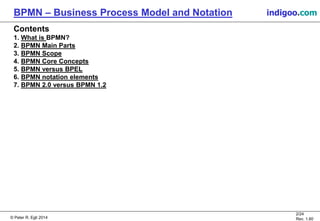© Peter R. Egli 2015
2/24
Rev. 1.60
BPMN – Business Process Model and Notation indigoo.com
Contents
1. What is BPMN?
2. BPMN Main Parts
3. BPMN Scope
4. BPMN Core Concepts
5. BPMN versus BPEL
6. BPMN notation elements
7. BPMN 2.0 versus BPMN 1.2
 