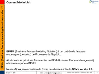 BPMN (Business Process Modeling Notation) versão 1.2   Comentário inicial:




                                                       BPMN (Business Process Modeling Notation) é um padrão de fato para
                                                       modelagem (desenho) de Processos de Negócio.

                                                       Atualmente as principais ferramentas de BPM (Business Process Management)
                                                       oferecem suporte a BPMN.

                                                       Neste eBook será abordado de forma detalhada a notação BPMN versão 1.2.
                                                       Versão 6 | RFS              rildo.santos@etecnologia.com.br   Todos os direitos reservados e protegidos © 2006 e 2010   2
 