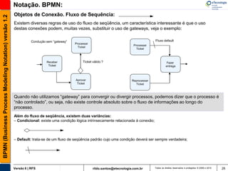 Notação. BPMN:
                                                       Objetos de Conexão. Fluxo de Sequência:
BPMN (Business Process Modeling Notation) versão 1.2


                                                       Existem diversas regras de uso do fluxo de seqüência, um característica interessante é que o uso
                                                       destas conexões podem, muitas vezes, substituir o uso de gateways, veja o exemplo:

                                                                  Condução sem “gateway”                                                     Fluxo default
                                                                                           Processar
                                                                                                                                Processar
                                                                                             Ticket
                                                                                                                                  Ticket



                                                                           Receber              Ticket válido ?                                         Fazer
                                                                            Ticket                                                                     entrega



                                                                                           Aprovar                             Reprocessar
                                                                                            Ticket                               Ticket



                                                       Quando não utilizamos “gateway” para convergir ou divergir processos, podemos dizer que o processo é
                                                       “não controlado”, ou seja, não existe controle absoluto sobre o fluxo de informações ao longo do
                                                       processo.
                                                       Além do fluxo de seqüência, existem duas variâncias:
                                                       – Condicional: existe uma condição lógica intrinsecamente relacionada à conexão;



                                                       – Default: trata-se de um fluxo de seqüência padrão cujo uma condição deverá ser sempre verdadeira;




                                                       Versão 6 | RFS                                  rildo.santos@etecnologia.com.br       Todos os direitos reservados e protegidos © 2006 e 2010   26
 