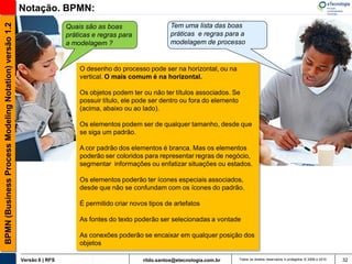BPMN (Business Process Modeling Notation) versão 1.2   Notação. BPMN:
                                                                        Quais são as boas                    Tem uma lista das boas
                                                                        práticas e regras para               práticas e regras para a
                                                                        a modelagem ?                        modelagem de processo


                                                                            O desenho do processo pode ser na horizontal, ou na
                                                                            vertical. O mais comum é na horizontal.

                                                                            Os objetos podem ter ou não ter títulos associados. Se
                                                                            possuir título, ele pode ser dentro ou fora do elemento
                                                                            (acima, abaixo ou ao lado).

                                                                            Os elementos podem ser de qualquer tamanho, desde que
                                                                            se siga um padrão.

                                                                            A cor padrão dos elementos é branca. Mas os elementos
                                                                            poderão ser coloridos para representar regras de negócio,
                                                                            segmentar informações ou enfatizar situações ou estados.

                                                                            Os elementos poderão ter ícones especiais associados,
                                                                            desde que não se confundam com os ícones do padrão.

                                                                            É permitido criar novos tipos de artefatos

                                                                            As fontes do texto poderão ser selecionadas a vontade

                                                                            As conexões poderão se encaixar em qualquer posição dos
                                                                            objetos

                                                       Versão 6 | RFS                             rildo.santos@etecnologia.com.br   Todos os direitos reservados e protegidos © 2006 e 2010   32
 