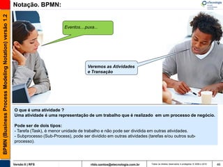 BPMN (Business Process Modeling Notation) versão 1.2   Notação. BPMN:


                                                                                Eventos....puxa...




                                                                                            Veremos as Atividades
                                                                                            e Transação




                                                       O que é uma atividade ?
                                                       Uma atividade é uma representação de um trabalho que é realizado em um processo de negócio.

                                                       Pode ser de dois tipos:
                                                       - Tarefa (Task), é menor unidade de trabalho e não pode ser dividida em outras atividades.
                                                       - Subprocesso (Sub-Process), pode ser dividido em outras atividades (tarefas e/ou outros sub-
                                                       processo).




                                                       Versão 6 | RFS                         rildo.santos@etecnologia.com.br   Todos os direitos reservados e protegidos © 2006 e 2010   46
 
