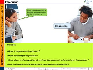 BPMN (Business Process Modeling Notation) versão 1.2   Introdução


                                                                              Antes de explorarmos a
                                                                              notação, podemos rever
                                                                              alguns conceitos ?




                                                                                                                   Sim, podemos.




                                                         Questões:


                                                         - O que é mapeamento de processo ?

                                                         - O que é modelagem de processo ?

                                                         - Quais são as melhores práticas e benefícios do mapeamento e da modelagem de processos ?

                                                         -Qual é abordagem que devemos utilizar na modelagem de processos ?

                                                       Versão 6 | RFS                     rildo.santos@etecnologia.com.br   Todos os direitos reservados e protegidos © 2006 e 2010   8
 