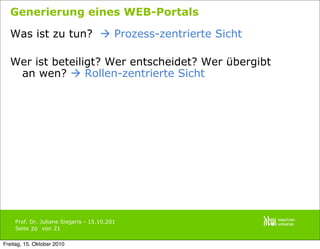 Prof. Dr. Juliane Siegeris - 15.10.201
Seite von 21
Generierung eines WEB-Portals
Was ist zu tun?  Prozess-zentrierte Sicht
Wer ist beteiligt? Wer entscheidet? Wer übergibt
an wen?  Rollen-zentrierte Sicht
20
Freitag, 15. Oktober 2010
 