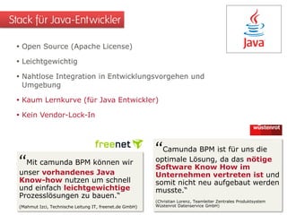  Open Source (Apache License)
 Leichtgewichtig
 Nahtlose Integration in Entwicklungsvorgehen und
Umgebung
 Kaum Lernkurve (für Java Entwickler)
 Kein Vendor-Lock-In
Stack für Java-Entwickler
“Camunda BPM ist für uns die
optimale Lösung, da das nötige
Software Know How im
Unternehmen vertreten ist und
somit nicht neu aufgebaut werden
musste.“
(Christian Lorenz, Teamleiter Zentrales Produktsystem
Wüstenrot Datenservice GmbH)
1
“Mit camunda BPM können wir
unser vorhandenes Java
Know-how nutzen um schnell
und einfach leichtgewichtige
Prozesslösungen zu bauen.“
(Mahmut Izci, Technische Leitung IT, freenet.de GmbH)
 