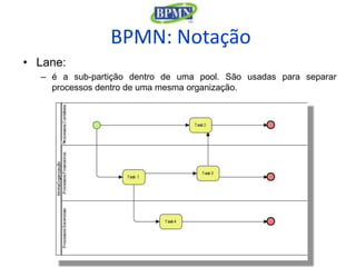 BPMN: Notação
• Lane:
  – é a sub-partição dentro de uma pool. São usadas para separar
    processos dentro de uma mesma organização.
 