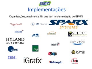 Implementações
Organizações, atualmente 46, que tem implementação de BPMN
 