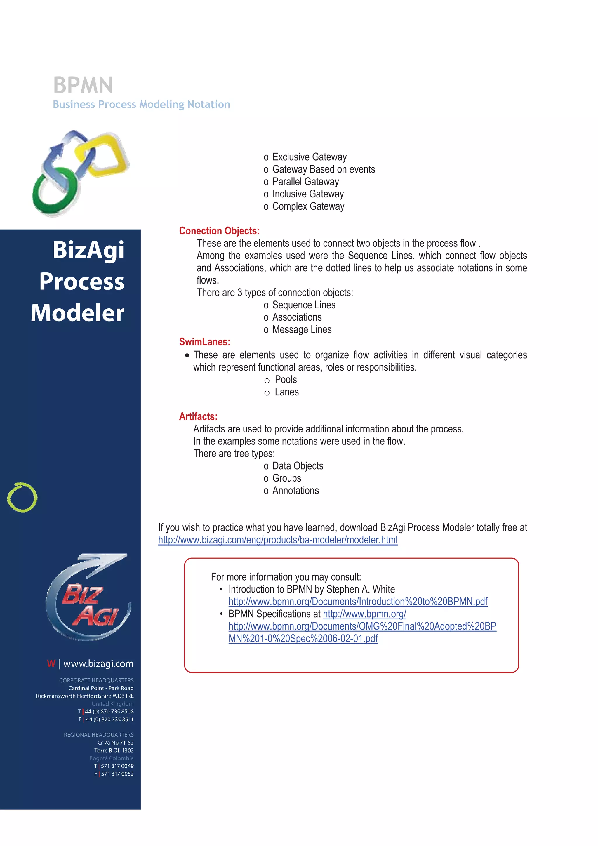 BPMN
 Business Process Modeling Notation



                                                o   Exclusive Gateway
                                                o   Gateway Based on events
                                                o   Parallel Gateway
                                                o   Inclusive Gateway
                                                o   Complex Gateway

                          Conection Objects:
                              These are the elements used to connect two objects in the process flow .
 BizAgi                       Among the examples used were the Sequence Lines, which connect flow objects
                              and Associations, which are the dotted lines to help us associate notations in some
Process                       flows.
                              There are 3 types of connection objects:
                                               o Sequence Lines
Modeler                                        o Associations
                                               o Message Lines
                          SwimLanes:
                           x These are elements used to organize flow activities in different visual categories
                             which represent functional areas, roles or responsibilities.
                                               o Pools
                                               o Lanes

                          Artifacts:
                              Artifacts are used to provide additional information about the process.
                              In the examples some notations were used in the flow.
                              There are tree types:
                                                 o Data Objects
                                                 o Groups
                                                 o Annotations


                     If you wish to practice what you have learned, download BizAgi Process Modeler totally free at
                     http://www.bizagi.com/eng/products/ba-modeler/modeler.html


                                  For more information you may consult:
                                    • Introduction to BPMN by Stephen A. White
                                      http://www.bpmn.org/Documents/Introduction%20to%20BPMN.pdf
                                    • BPMN Specifications at http://www.bpmn.org/
                                      http://www.bpmn.org/Documents/OMG%20Final%20Adopted%20BP
                                      MN%201-0%20Spec%2006-02-01.pdf
 