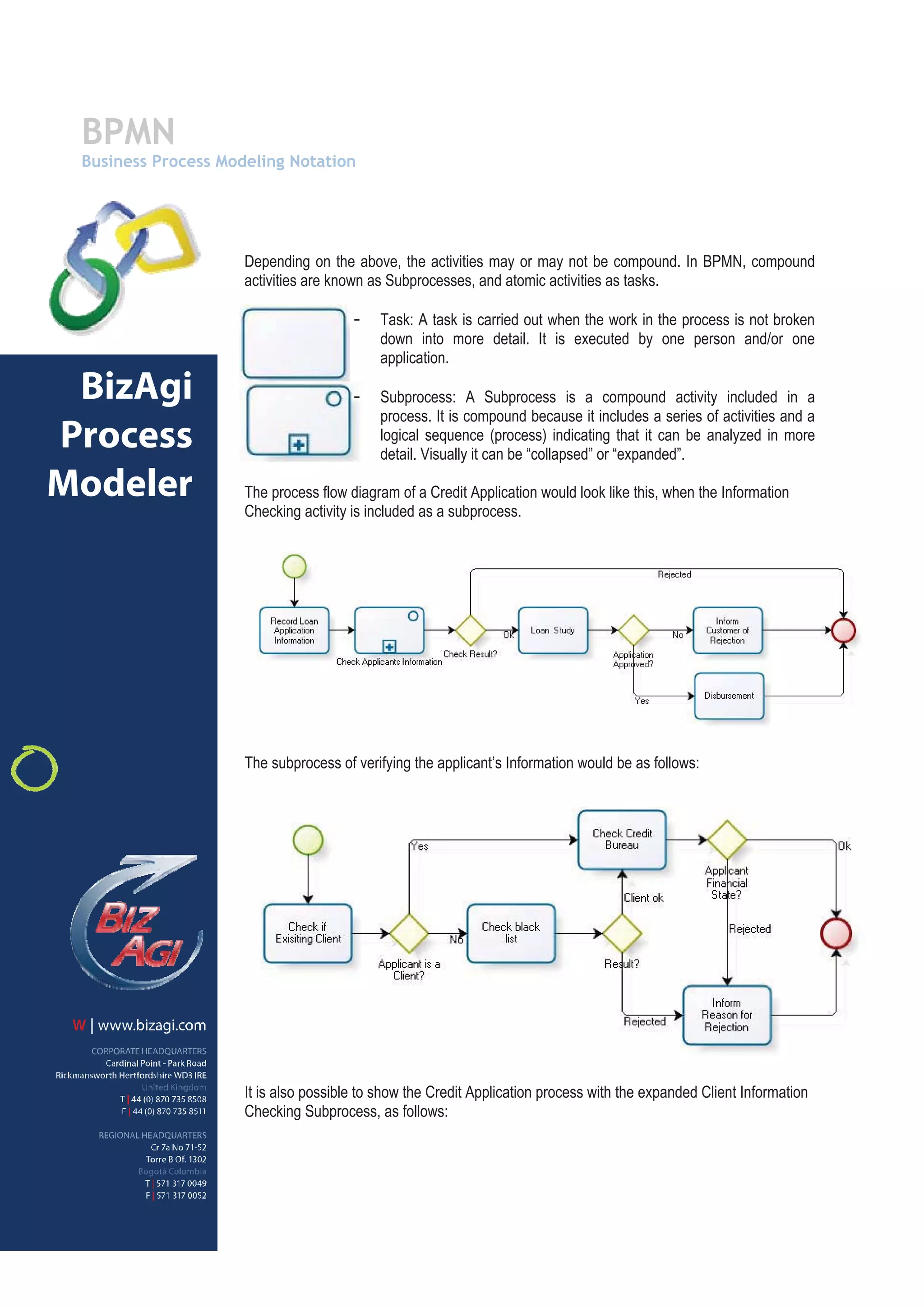 BPMN
 Business Process Modeling Notation




                     Depending on the above, the activities may or may not be compound. In BPMN, compound
                     activities are known as Subprocesses, and atomic activities as tasks.

                                       -   Task: A task is carried out when the work in the process is not broken
                                           down into more detail. It is executed by one person and/or one
                                           application.

 BizAgi                                -   Subprocess: A Subprocess is a compound activity included in a
                                           process. It is compound because it includes a series of activities and a
Process                                    logical sequence (process) indicating that it can be analyzed in more
                                           detail. Visually it can be “collapsed” or “expanded”.

Modeler              The process flow diagram of a Credit Application would look like this, when the Information
                     Checking activity is included as a subprocess.




                     The subprocess of verifying the applicant’s Information would be as follows:




                     It is also possible to show the Credit Application process with the expanded Client Information
                     Checking Subprocess, as follows:
 