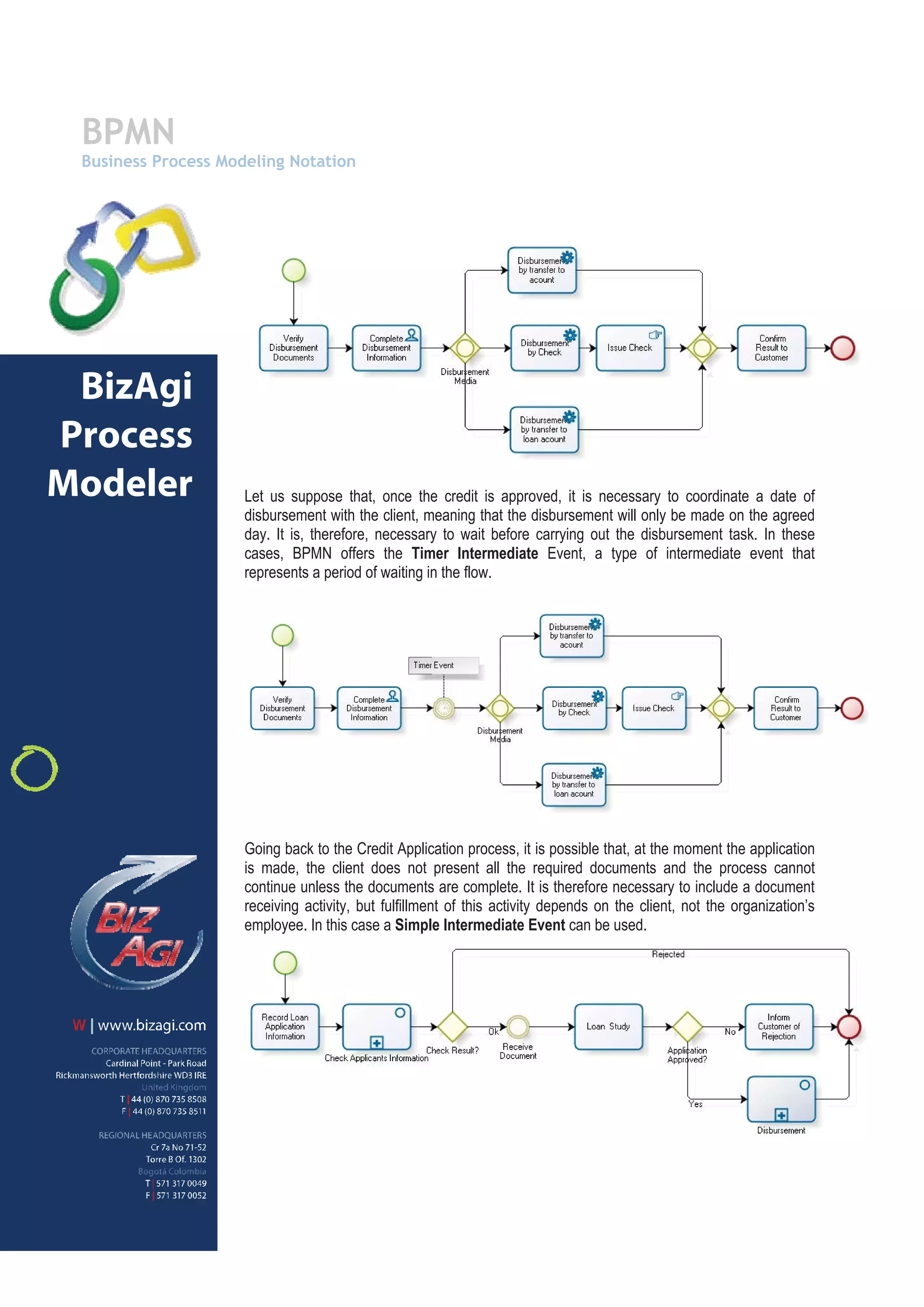 BPMN
 Business Process Modeling Notation




 BizAgi
Process
Modeler              Let us suppose that, once the credit is approved, it is necessary to coordinate a date of
                     disbursement with the client, meaning that the disbursement will only be made on the agreed
                     day. It is, therefore, necessary to wait before carrying out the disbursement task. In these
                     cases, BPMN offers the Timer Intermediate Event, a type of intermediate event that
                     represents a period of waiting in the flow.




                     Going back to the Credit Application process, it is possible that, at the moment the application
                     is made, the client does not present all the required documents and the process cannot
                     continue unless the documents are complete. It is therefore necessary to include a document
                     receiving activity, but fulfillment of this activity depends on the client, not the organization’s
                     employee. In this case a Simple Intermediate Event can be used.
 