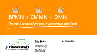 Where strategies come to life!
An introductionDenis Gagné,
CEO & CTO
Chair BPMN MIWG at OMG
BPMN 2.1 Member at OMG
CMMN 1.1 Member at OMG
DMN 1.1 Member at OMG
Chair BPSWG at WfMC
XPDL Co-Editor at WfMC
 