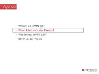 Agenda



          Warum es BPMN gibt
          Wann lohnt sich der Einsatz?
          Was bringt BPMN 2.0?
          BPMN in der Praxis
 