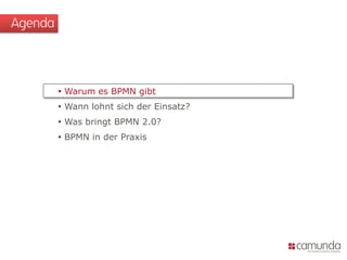 Agenda



          Warum es BPMN gibt
          Wann lohnt sich der Einsatz?
          Was bringt BPMN 2.0?
          BPMN in der Praxis
 