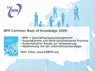 BPM Common Body of Knowledge 2009:

        •   BPM = Geschäftsprozessmanagement
        •   Automatisierte und Nicht-Automatisierte Prozesse
        •   Systematischer Ansatz zur Verbesserung
        •   Abstimmung mit der Unternehmensstrategie

        Mehr Infos: www.EABPM.org
 
