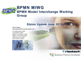 BPMN MIWG
BPMN Model Interchange Working
Group
Denis Gagné,
www.BusinessProcessIncubator.com
Chair BPMN MIWG at OMG
Chair BPSWG at WfMC
BPMN 2.0 FTF Member at OMG
BPMN 2.1 RTF Member at OMG
CMMN Submission at OMG
XPDL Co-Editor at WfMC
Status Update June 2013
 