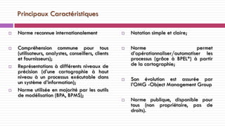 Principaux Caractéristiques
 Norme reconnue internationalement
 Compréhension commune pour tous
(utilisateurs, analystes, conseillers, clients
et fournisseurs);
 Représentations à différents niveaux de
précision (d’une cartographie à haut
niveau à un processus exécutable dans
un système d’information);
 Norme utilisée en majorité par les outils
de modélisation (BPA, BPMS);
 Notation simple et claire;
 Norme permet
d’opérationnaliser/automatiser les
processus (grâce à BPEL*) à partir
de la cartographie;
 Son évolution est assurée par
l’OMG -Object Management Group
 Norme publique, disponible pour
tous (non propriétaire, pas de
droits).
 