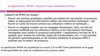 La Spécification BPMN – Business Process Modeling Notation
L’objectif de BPMN est double :
 Fournir une notation graphique complète permettant de représenter un processus
métier en découplant les informations métiers des informations techniques – qui
fournit un cadre de travail commun aux utilisateurs métiers et techniques ;
 Fournir un mapping complet vers les langages d’exécutions. Ainsi, une fois les
processus modélisés par les utilisateurs métiers, et les informations techniques
renseignées pour rendre le processus exécutable – applications/services du SI à
appeler pour réaliser les activités, règles de transformation, etc. – il est possible
de générer automatiquement, et de manière standard, le processus BPEL à
exécuter par le moteur de processus.
La spécification BPMN est actuellement en version 2.O en RFP. Cette spécification est le gage
d’interopérabilité des outils de modélisation de processus métier
 