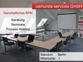 camunda services GmbH,[object Object],Ganzheitliches BPM,[object Object],Beratung,[object Object],Seminare,[object Object],Process Hosting,[object Object],Standort:     Berlin,[object Object],Mitarbeiter:  7,[object Object]